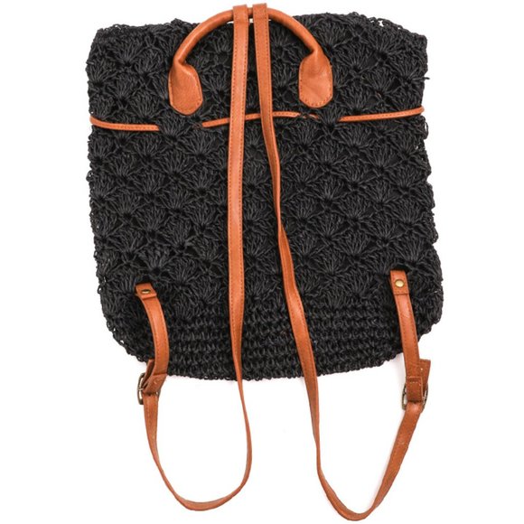 Black/Cognac Drawstring Contrast Crochet Raffia Backpack - Picture 5 of 6